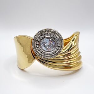 Juicy Couture Clamper Bracelet Bangle Clear Rhinestone Gold Tone Retro Heavy Y2K